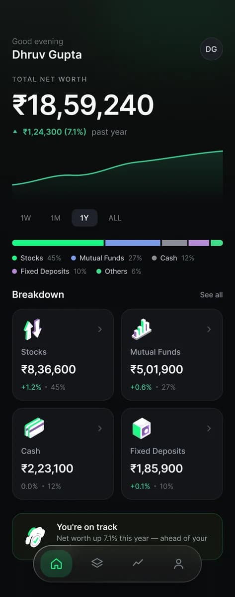 The Finest app home screen showing total net worth, a growth chart, and asset breakdown